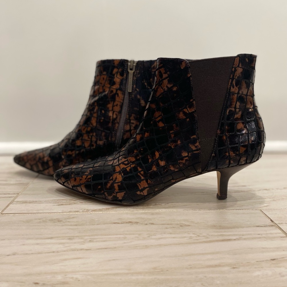 Donald J Pliner Embrossed Crocodile Booties with kitten heels.